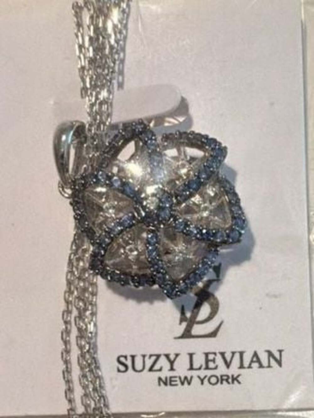 Suzy Levian New York Sterling Silver Blue and White CZ Flower Pendant Necklace w